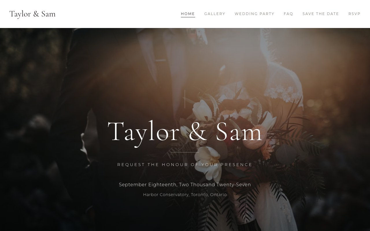 Guest wedding website with hero, date, and venue
