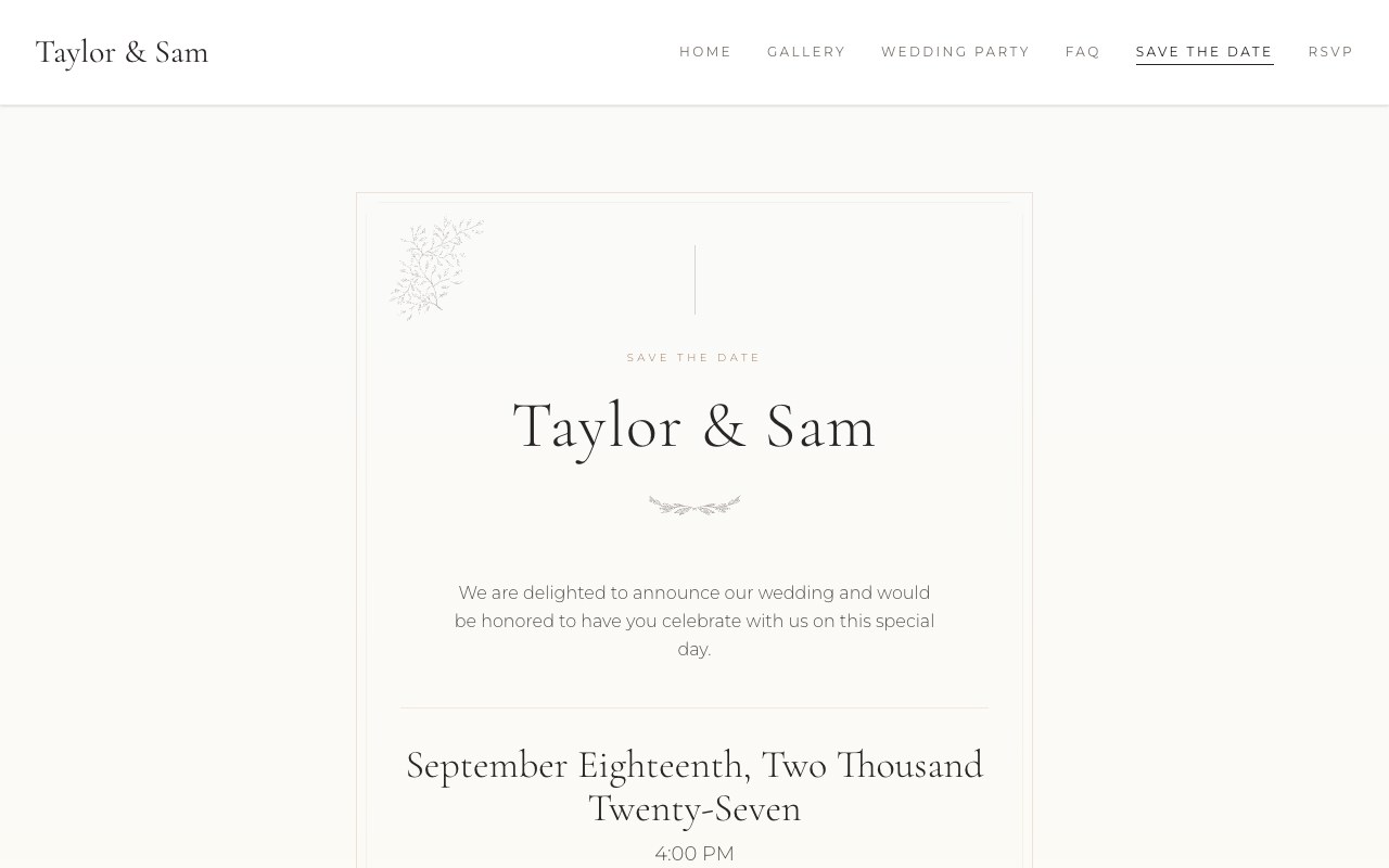 Save the date invitation page with announcement and details